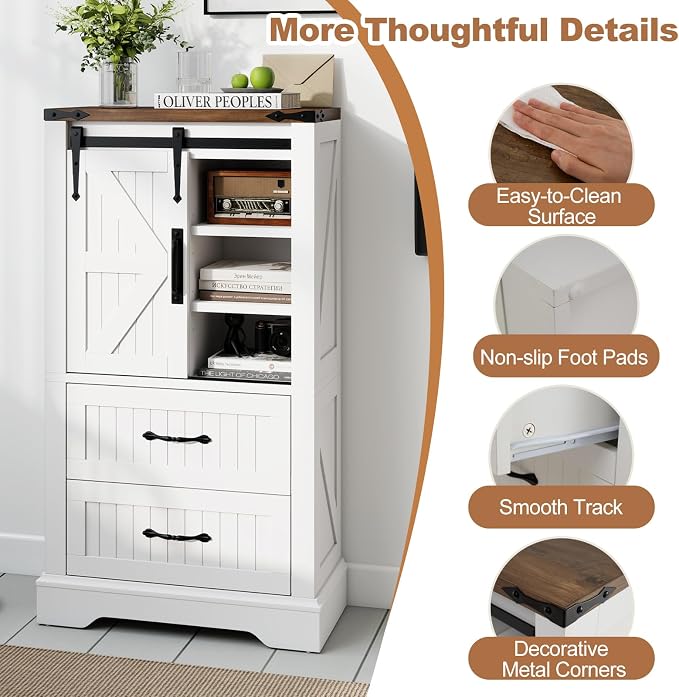 Giantex Bathroom Storage Cabinet, Farmhouse Wooden Floor Cabinet w/Sliding Barn Door, 2 Drawers & Adjustable Shelves, Modern Freestanding Storage Organizer for Living Room, Entryway, Kitchen