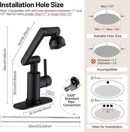 Wicibim Matte Black Bathroom Sink Faucet, Stainless Steel 1080° Rotatable Bathroom Faucet, Single Handle, 1 or 3 Hole, 2 Water Outlet Modes with Hot and Cold Hoses,Swivel Faucet