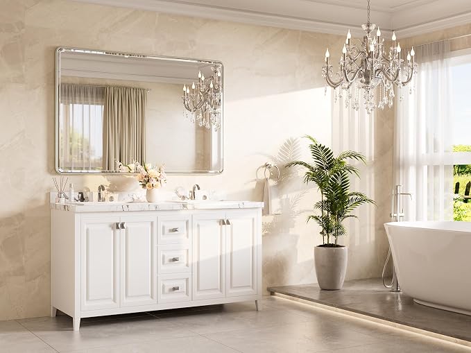 Brushed Nickel Vanity Mirror for Bathroom 60 x 40 Beveled Edge Tempered Glass, Rounded Corner Rectangle Wall Mirror for Modern Bathroom, Living Room, Bedroom, Entryway