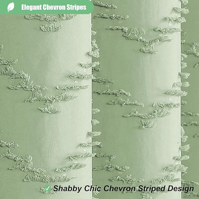 Long Boho Farmhouse Shower Curtain Tufted Chevron 72x78 Sage Green | 78 Inch Tall, Elegant Tassel, Lightweight Textured Fabric, Water Repellent, Washable, Hotel Spa, for Bathroom/Dorm 12 Hooks