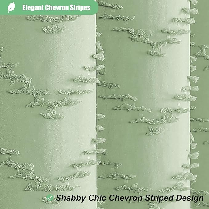 Extra Long Boho Shower Curtain Tufted Chevron 72"x96" Sage Green | 96 Inch Tall, Elegant Tassel, Lightweight Textured Fabric, Water Repellent, Washable, Hotel Spa, for Bathroom/Dorm 12 Hooks