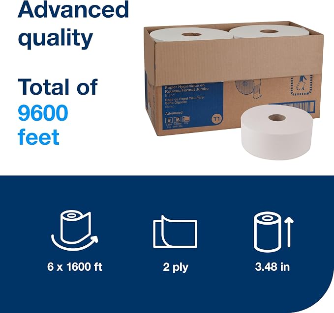 Tork Jumbo Toilet Paper Roll White T1, 2-ply, 6 x 1600 feet, 12021502 | Advanced, 6 Count (Pack of 1)