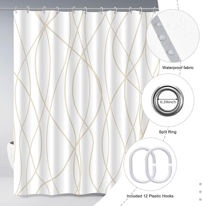 Striped Shower Curtain for Bathroom, Beige Khaki, 72" W x 72" L | with Hooks, Modern Hotel Style, Water Repellent, Washable, Weighted Hem