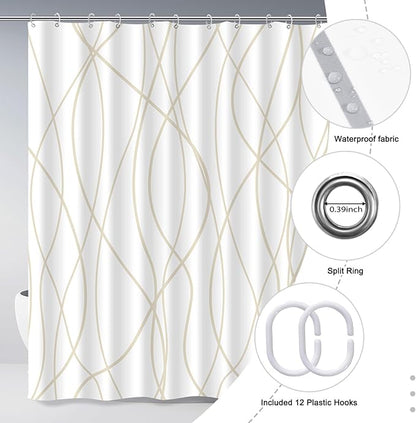 Striped Shower Curtain for Bathroom, Beige Khaki, 72" W x 72" L | with Hooks, Modern Hotel Style, Water Repellent, Washable, Weighted Hem