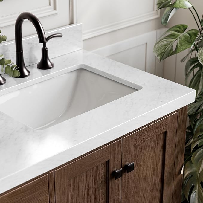 ARIEL Cambridge 66-inch Bathroom Vanity with Sink,Solid Wood, 1.5-inch Italian Carrara Marble Countertop, Double Rectangular Porcelain Sink, 4 Soft Closing Doors, 6 Dovetail Drawers, Brown Oak