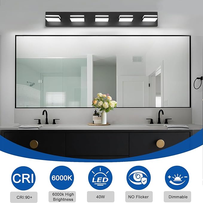 IZORRO LED Modern Bathroom Lights Fixtures(5-Light,Dimmable),Matte Black Acrylic Wall Lighting,Vanity Lights for Bathroom Over Mirror - 6000k 30In （No Assembly Required）