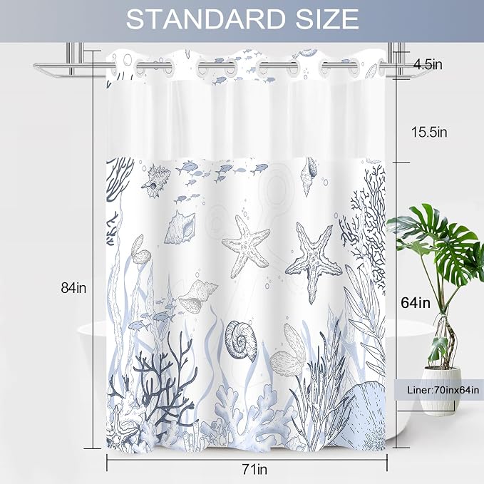 Extra Long No Hook Shower Curtain with Snap in Liner, Beach Ocean Nautical Coastal Shower Curtains and Liner Set for Bathroom, Seashell Fabric Bath Curtain, Waterproof Washable, Grey 71"x84"