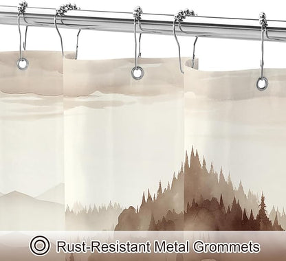 Litabel Brown Extra Long Misty Pine Forest Shower Curtain 72 x 84, XL Tan Mountain Foggy Woodland Scenery Tree Shower Curtains for Bathroom, Abstract Waterproof Nature-Themed Decor