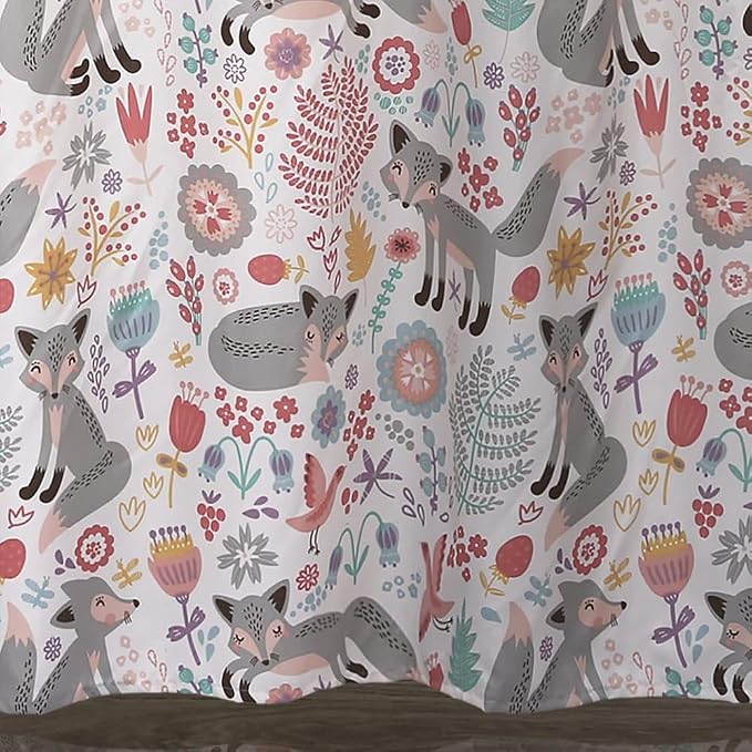 Lush Decor Pixie Fox Shower Curtain, 72" W x 72" L, Navy & Pink - Pink Shower Curtain - Fun Kids Floral & Animal Bathroom Decor