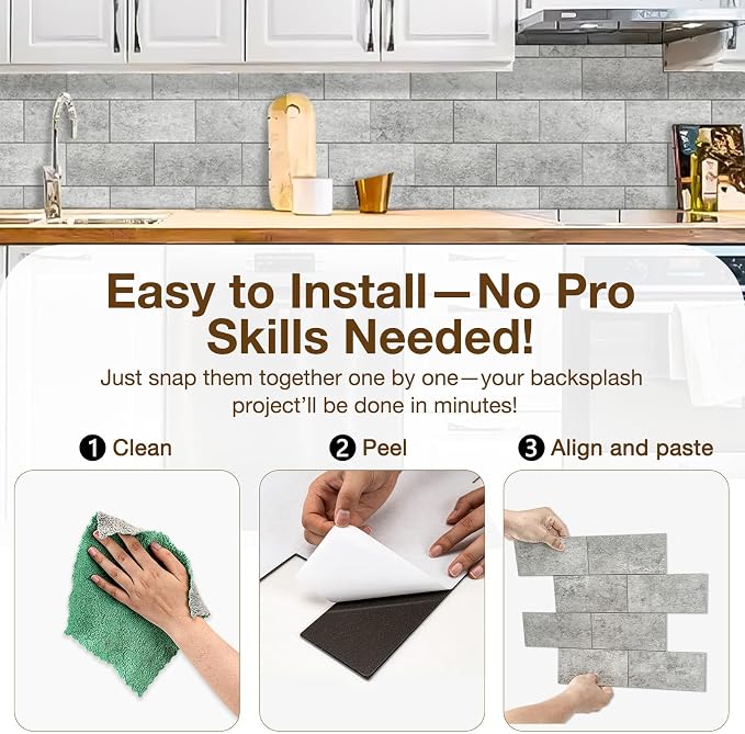 Peel and Stick Backsplash Tile for Kitchen & Bathroom Walls (Matte Grayish Textured, 10 Tiles - 9.7 sq. ft. (0.9 m²))