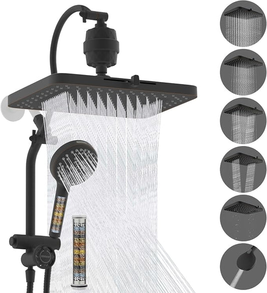 Hibbent 5-spray Dual Filtered Rainfall Shower Head with 10 Spray Handheld | High Pressure 13'' Showerhead Combo, Easy Reach 4-way Diverter Arm with Pause Mode, 71'' Hose & Holder, Oil-Rubbed Bronze