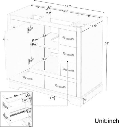 36" Bathroom Vanity Without Top Sink,6-Drawer Freestanding Cabinet Base with Multi-Functional Divider & Adjustable Shelf,Solid Wood MDF Vanity Only, Water Resistant,Grey