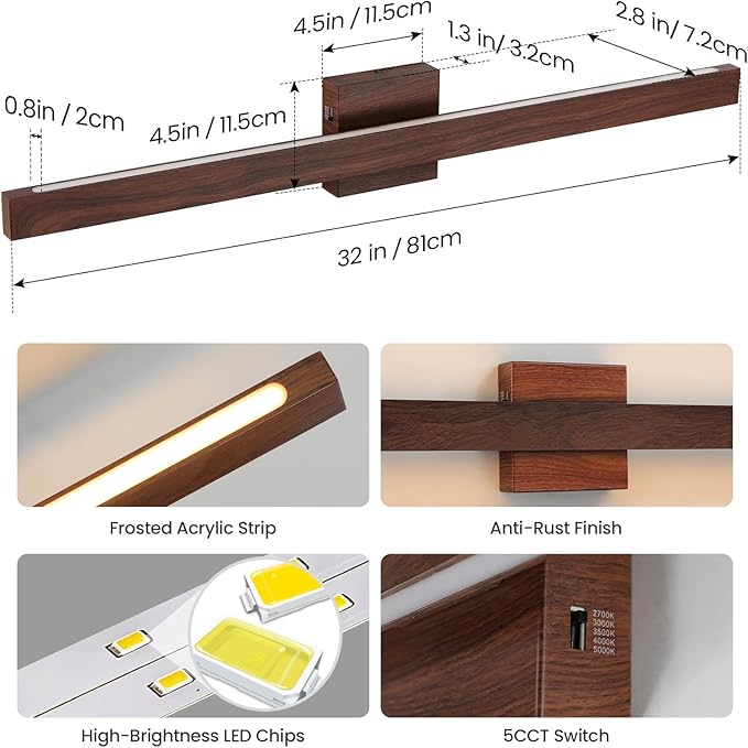 Modern Bathroom Light Fixtures Over Mirror, 32 Inch Brown Wood Finish Vanity Light Bar 26W Dimmable 5CCT LED Vanity Lights for Bathroom Wall Lighting Fixtures Over Mirror