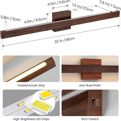 Modern Bathroom Light Fixtures Over Mirror, 32 Inch Brown Wood Finish Vanity Light Bar 26W Dimmable 5CCT LED Vanity Lights for Bathroom Wall Lighting Fixtures Over Mirror