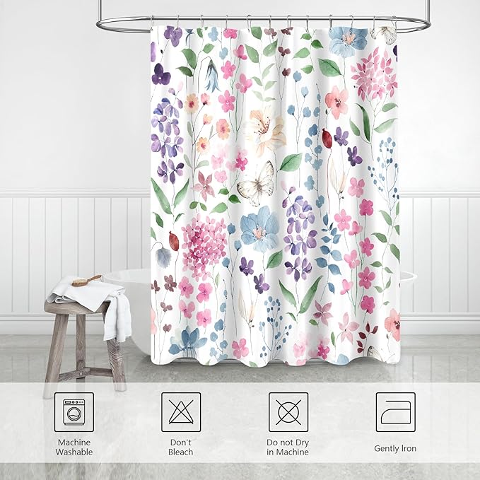 Colorful Floral Shower Curtain, Pink Green Blue Flower Fabric Shower Curtain for Bathroom, Cute Wildflower Butterfly Cloth Shower Curtain Set with Hooks, 72x72