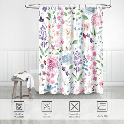 Colorful Floral Shower Curtain, Pink Green Blue Flower Fabric Shower Curtain for Bathroom, Cute Wildflower Butterfly Cloth Shower Curtain Set with Hooks, 72x72