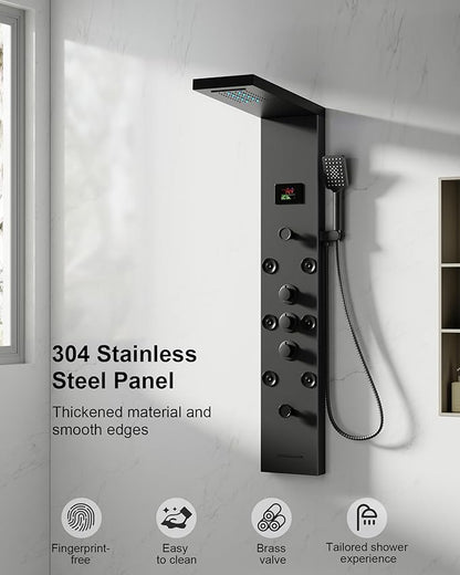 Homevacious 5 In 1 Shower Panel Tower System LED Rain Waterfall Shower Head and Adjustable Massage Body Jets 3 Settings Handheld Head and Tub Spout Stainless Steel Bathroom Panel Matte Black