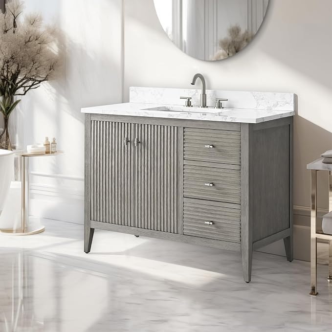 Vanity Art 42 inch Bathroom Vanity with Single Sink & Ceramic Top, Vanity Cabinet with Soft-Closing Door, Solid Wood Frame, Linear Pattern, Driftwood Gray, Golden Brushed Handware VA9142-DG-GB