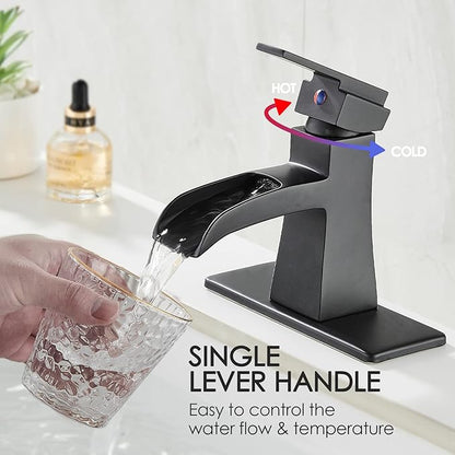 Black Waterfall Bathroom Faucet, One-Handle Bathroom Faucets for Sink 1 or 3 Hole, Matte Black Vanity Faucet, Single Hole Restroom Sink Faucet with Pop Up Drain