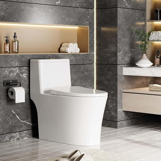 One Piece Toilet - Elongated Ceramic Design, Soft Closing PP Toilet Cover, Easy Clean Surface, Water Efficient Flush, Compact Durable Build