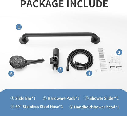 BRIGHT SHOWERS Stainless Steel Slide Bar Grab Rail Set Ada Compliant, 5-Spray Handshower with Slide Bar Kit – Includes Handheld Shower Head and 69-Inch Hose, Matte Black