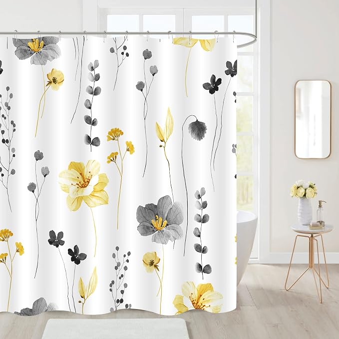 Yellow Beige Watercolor Floral Fabric Shower Curtain, 72x78 | Waterproof Fabric, Modern Minimalist Floral Print, Machine Washable, Rustproof Grommets, for Bathroom Home, Long