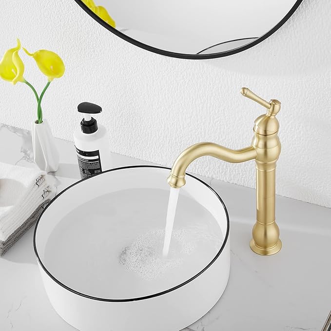 GGStudy 360 Swivel Single-Handle One Hole Vessel Sink Faucet with Matching Pop Up Drain - Brushed Gold Farmhouse Bathroom Vanity Faucet