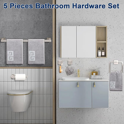 NearMoon 5 Pieces Bathroom Hardware Set 304 Stainless Steel, Square Towel Rack Kit - 24" Towel Rod + Towel Ring + Toilet Paper Holder + 2 Robe Hooks, Wall Mounted Bath Accessories (Brushed Nickel)