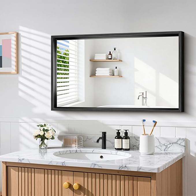 CIRCUMI 24"x40" Brushed Black Bathroom Mirror, Rectangular Vanity Mirror | Chunky Box Metal Frame, Shatterproof, Tempered Glass, Bathroom Remodel&New Home,Wall Mirror for Over Sink,Living Room,Hallway