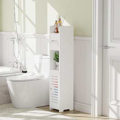 VECELO Storage Cabinet for Small Spaces,Skinny Toilet Paper Holder Stand with Anti-Drop Fence and Roller Storage, White
