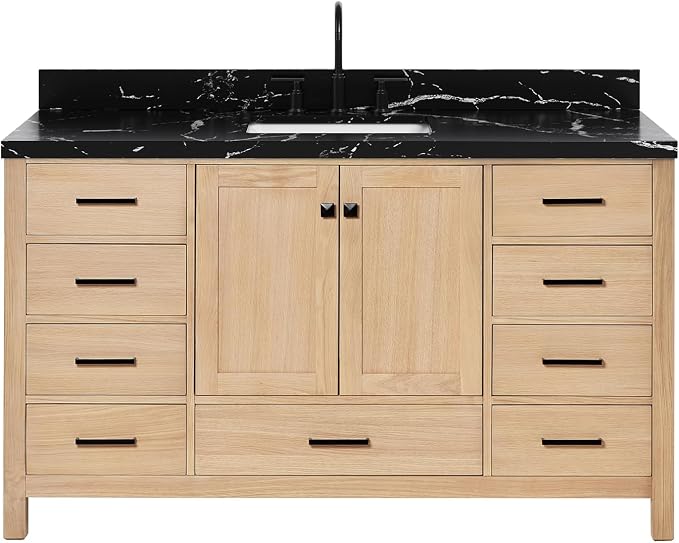 ARIEL Cambridge 60 Inch Single Rectangle Sink Bathroom Vanity with Nero Marquina Black Quartz Countertop 1.5 Inch in Natural Oak