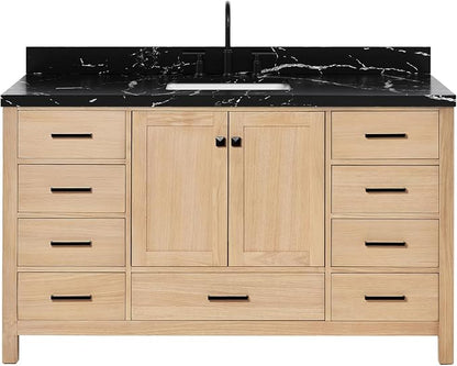 ARIEL Cambridge 60 Inch Single Rectangle Sink Bathroom Vanity with Nero Marquina Black Quartz Countertop 1.5 Inch in Natural Oak