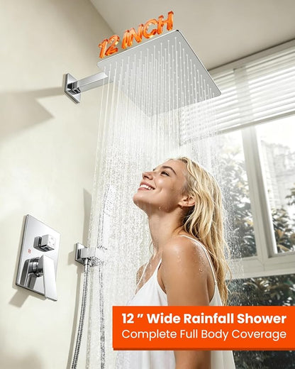 gotonovo Tub Shower Faucet Set with Valve 12'' Rain Head,Polished Chrome | Waterfall Tub Spout Shower System,Bathtub Faucet Set,SUS304 Rain Head with Handheld,Brass Valve Trim Kit,All Metal,Wall Mount