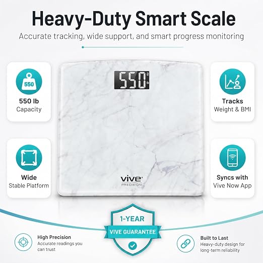 Vive Smart Body Weight Scale (550lbs Capacity) - Heavy Duty Bariatric | Digital Scale for BMI - Plus Size, Large Display - Bathroom Device for Health Extra Wide Base & Smartphone Connectivity