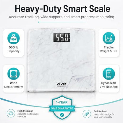 Vive Smart Body Weight Scale (550lbs Capacity) - Heavy Duty Bariatric | Digital Scale for BMI - Plus Size, Large Display - Bathroom Device for Health Extra Wide Base & Smartphone Connectivity