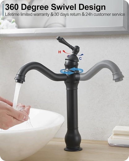 Matte Black Bathroom Faucet, Brass Tall Bathroom Sink Faucet Single Handle, 360 Degree Swivel Vessel Faucet, Bathroom Faucets One Hole with Aerator & Supply Hoses for Shopping Malls Saving Water