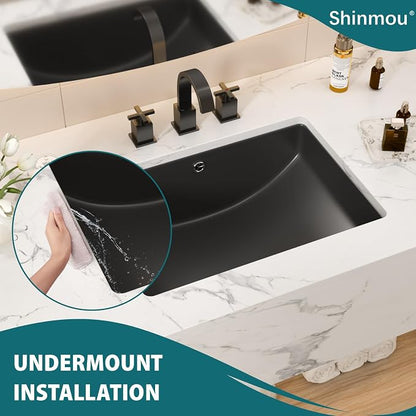 Black Ceramic 22"x15" Undermount Bathroom Lavatory Sink | Rectangle under counter black bathroom vessel sink for bathroom