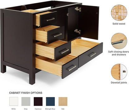 ARIEL Cambridge 42-inch Bathroom Vanity Base Cabinet,Solid Wood, 2 Soft Closing Doors, 5 Dovetail Drawers, Espresso
