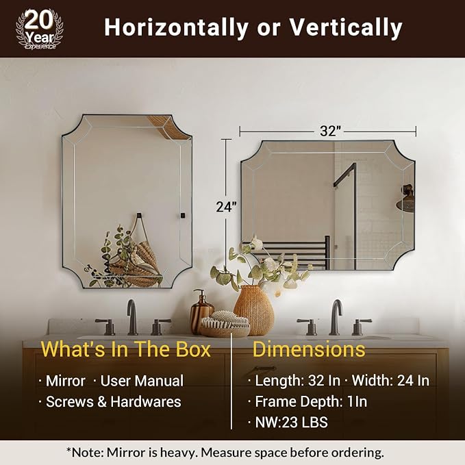 Brushed Nickel Bathroom Mirror, 24"x32" Scalloped Wall Mirror, Vintage Notched Corner Mirror, Anti-Rust Metal Framed Mirror for Bathroom, Thin Frame Deep 1", Hangs Vertical or Horizontal
