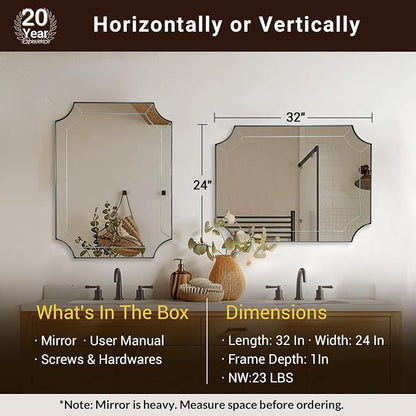 Brushed Nickel Bathroom Mirror, 24"x32" Scalloped Wall Mirror, Vintage Notched Corner Mirror, Anti-Rust Metal Framed Mirror for Bathroom, Thin Frame Deep 1", Hangs Vertical or Horizontal