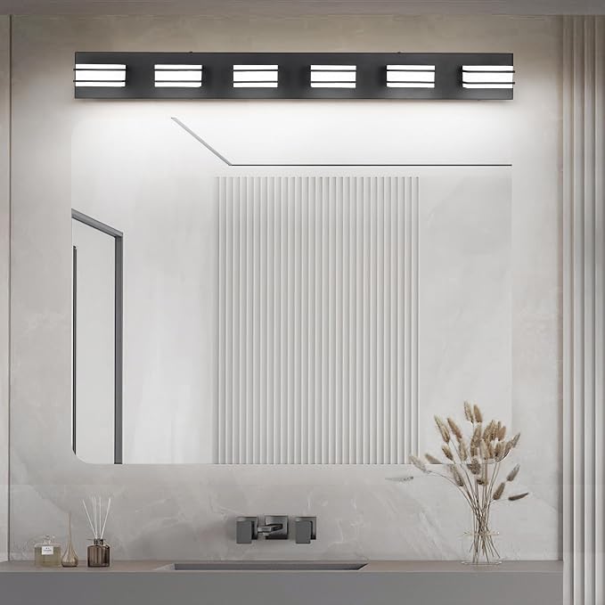 GOODATE 3 Color Temperature Dimmable Vanity Lights for Bathroom, Black 6 Light Vanity Light Fixtures, Acrylic Stainless Steel Square Shade Light Fixtures for Bathroom Above Mirror, ETL Certificated