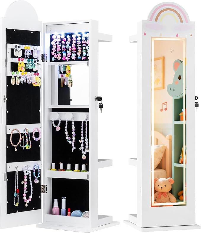 HONEY JOY Kids Jewelry Cabinet with LED Lights, Rainbow Standing Jewelry Armoire w/Full-Length Mirror & Makeup Mirror, Ring Slot, Lockable Princess Jewelry Organizer Storage for Toddler Girls(White)