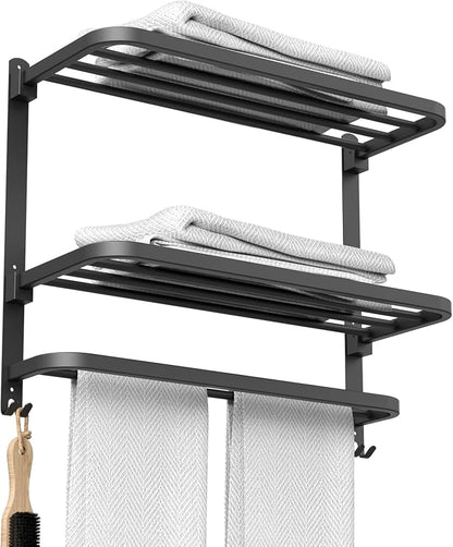 CAXIMSY 22.8Inch Towel Rack for Bathroom and Lavatory Towel Hanger with Wall Mount Towel Bars 304 Stainless Steel No Drill (Collapsible Black Towel Rack)