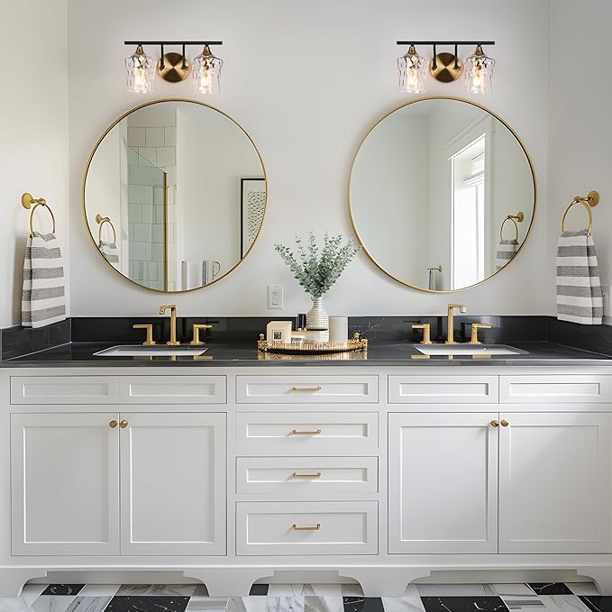 KSANA Bathroom Vanity Lights, 2-Light Black and Electroplated Brass Vanity Light Over Mirror Mid-Century Modern Bathroom Light Fixtures with Textured Glass, 14" L x 6.7" W x 7.3" H