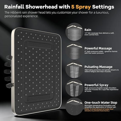 Hibbent Dual-Filtered 13" Shower & 10-Mode Handheld Combo, Brushed Nickel | High Pressure 5-Spray Showerhead, 4-way Diverter, Heightened All Metal Extension Arm, 3 Filter Cartridges, Easy Reach