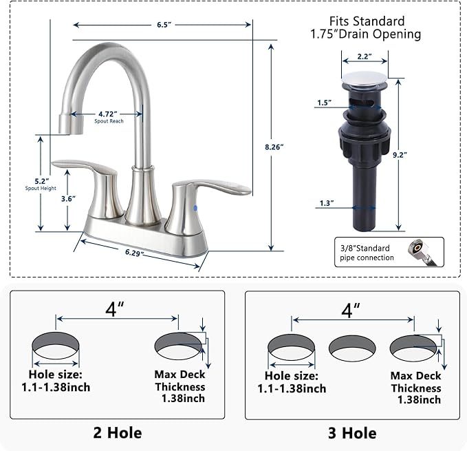 Friho 4 Inch Centerset Bathroom Faucet, Brushed Nickel Bathroom Faucets for Sink 3 Hole, Lead-Free 2 Handle Stainless Steel RV Bath Vanity Faucet with Pop-up Drain and Supply Lines