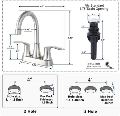 Friho 4 Inch Centerset Bathroom Faucet, Brushed Nickel Bathroom Faucets for Sink 3 Hole, Lead-Free 2 Handle Stainless Steel RV Bath Vanity Faucet with Pop-up Drain and Supply Lines