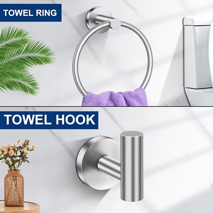 5 Pieces Bathroom Hardware Accessories Set Brushed Nickel, 24Inch Round Towel Racks Set for Bathroom, SUS304 Stainless Steel Towel Bar Set,Toilet Paper Holder Wall Mounted