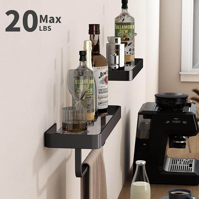 16-Inch Black Floating Bathroom Shelves with Towel Bar， Clear Tempered Glass Wall Shelf 2-Pack – Versatile Bathroom Organizer Set