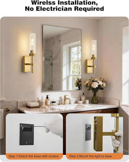 Gold Wireless Modern Battery Operated Wall Sconce Set of 2, Rechargeable Cordless Wall Lights with Remote, Dimmable Wall Lamp Decor for Bedroom Living Room Bathroom Hallway Entryway Stair